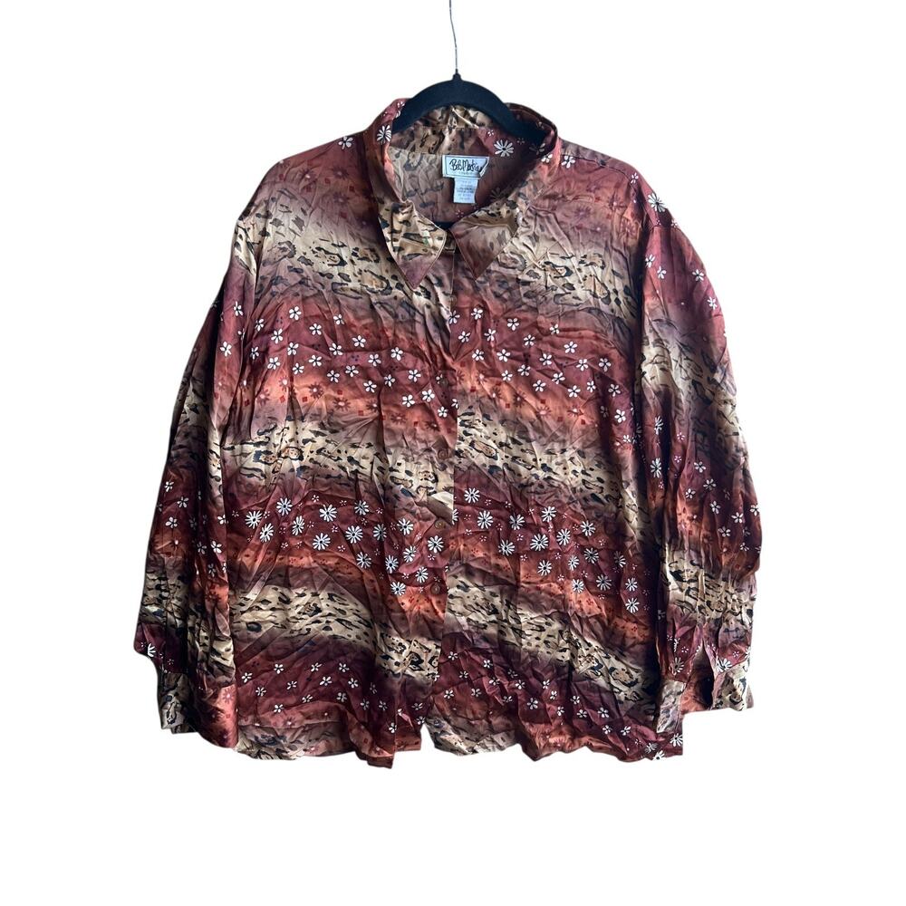 Bob Mackie Women's 100% Silk Vintage 90s Floral Animal Brown Blouse Plus Size 30